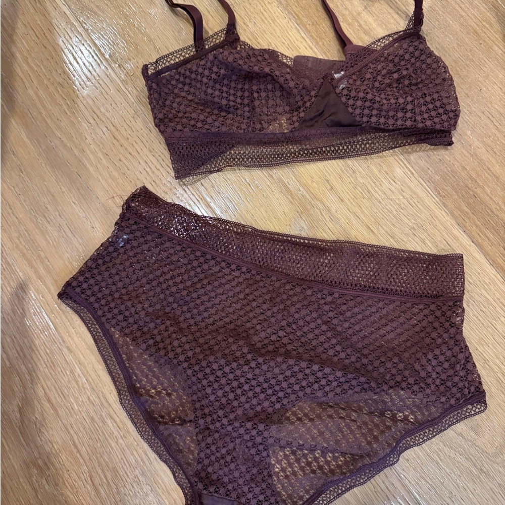 Else Sheer Lace Bralette & High-Waist Brief Set - Burgundy Plum Merlot